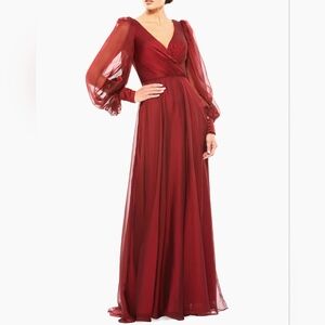 Mac Duggal Red Sheer Blouson Sleeve Surplice Gown 16 Womans Long Sleeve Dress